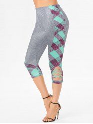 Plaid Print Insert Cut Out Colorblock Elastic Waist Summer Casual Capri Leggings -  