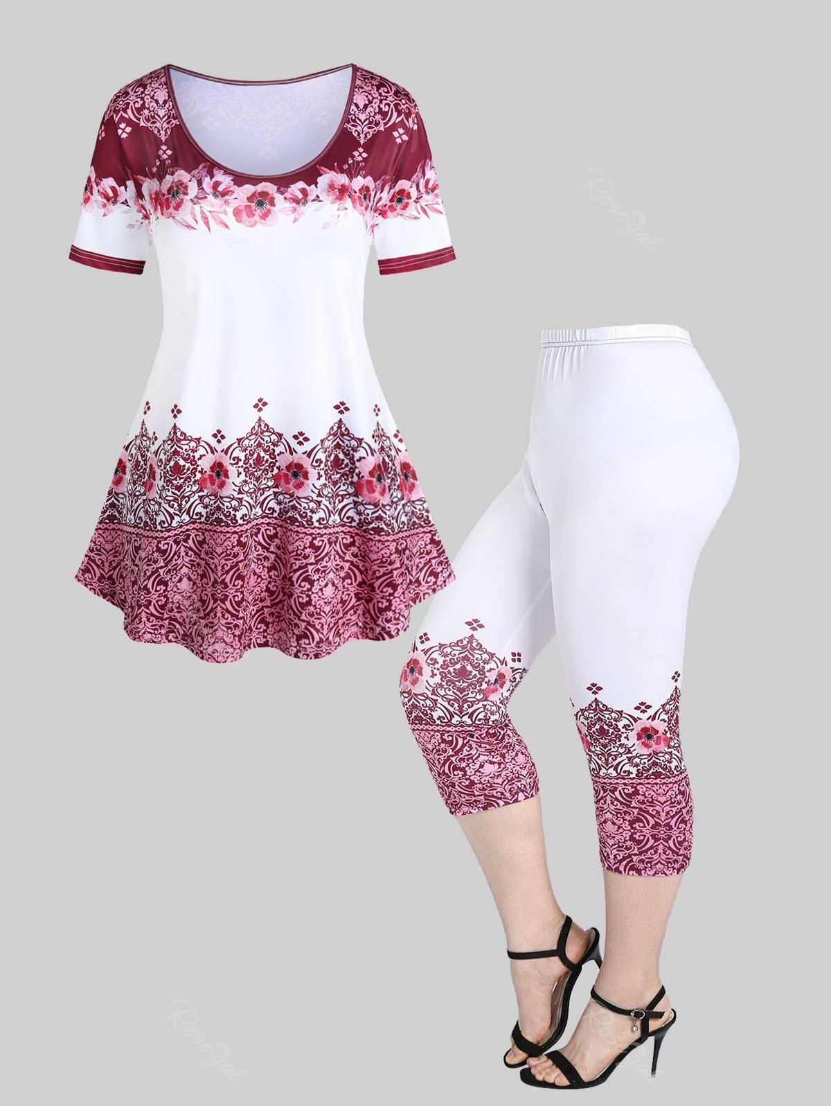 Chic Tribal Floral Print T-shirt and Tribal Floral Print High Waist Capri Leggings Plus Size Summer Outfit  