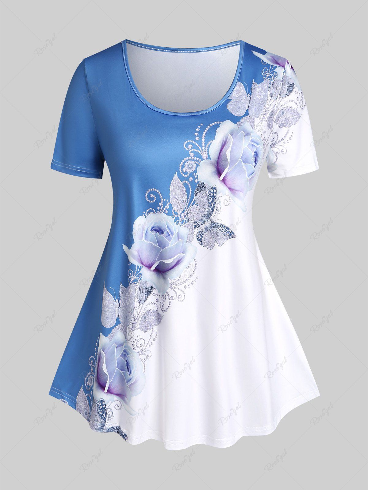 T-shirt à Imprimé Fleuri en Blocs de Couleurs de Grande Taille Bleu 5x | US 30-32