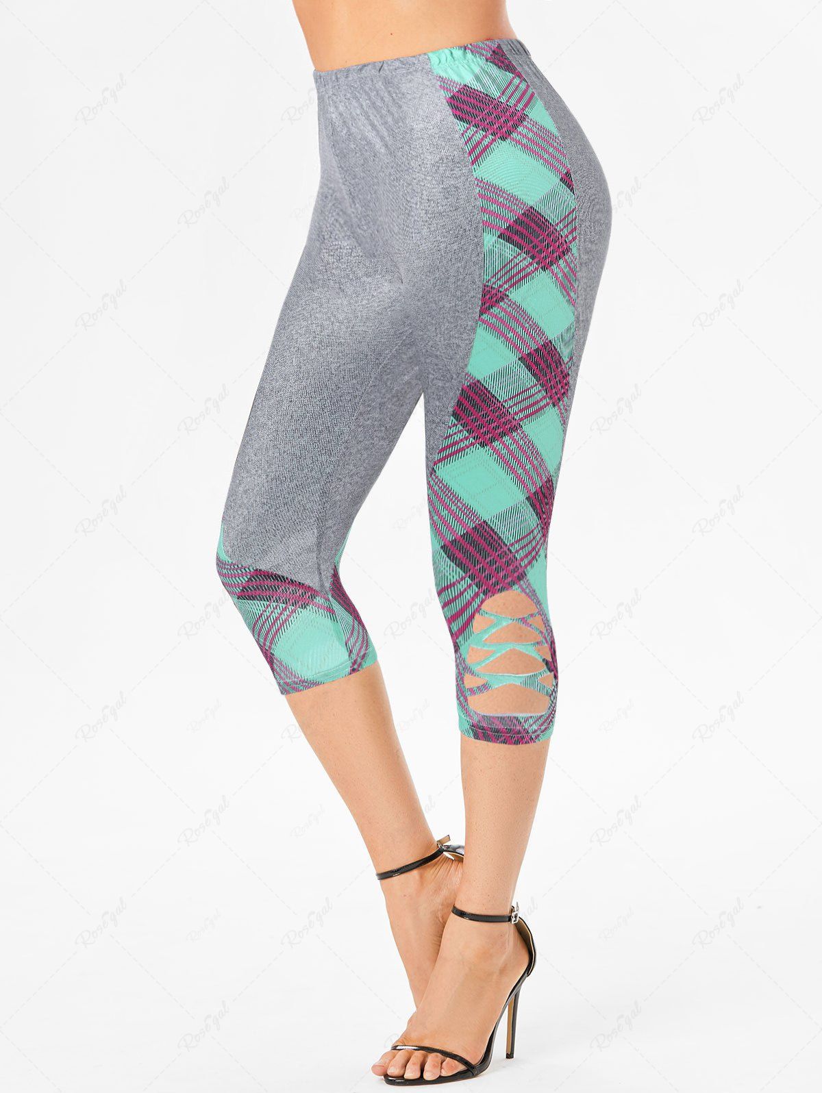 Latest Plaid Print Insert Cut Out Colorblock Elastic Waist Summer Casual Capri Leggings  
