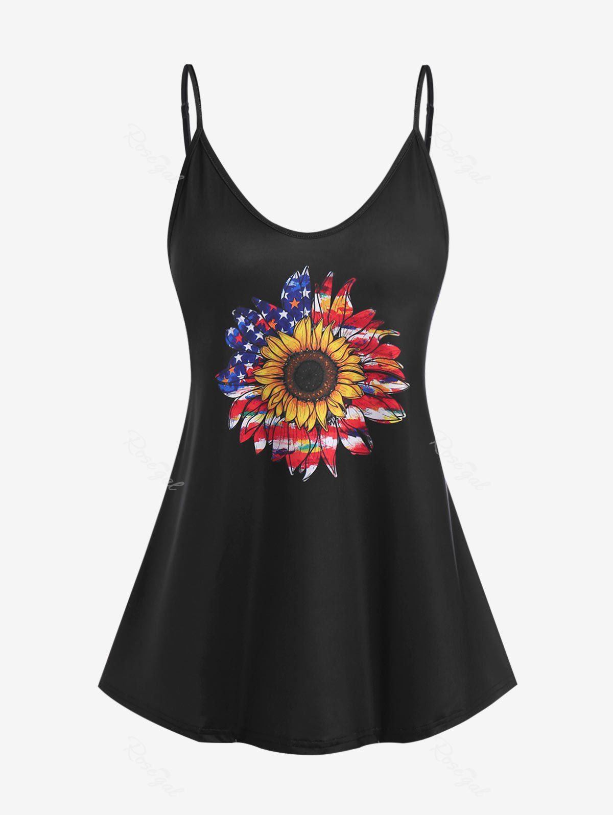 Unique Plus Size American Flag Sunflower Print Patriotic Tank Top  