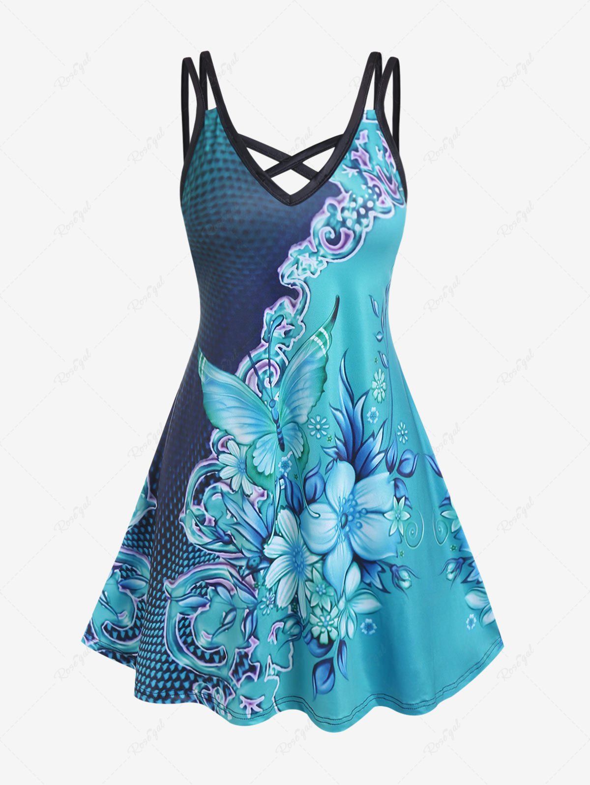 Shop Plus Size 3D Butterfly Flower Print Crisscross A Line Sleeveless Dress  