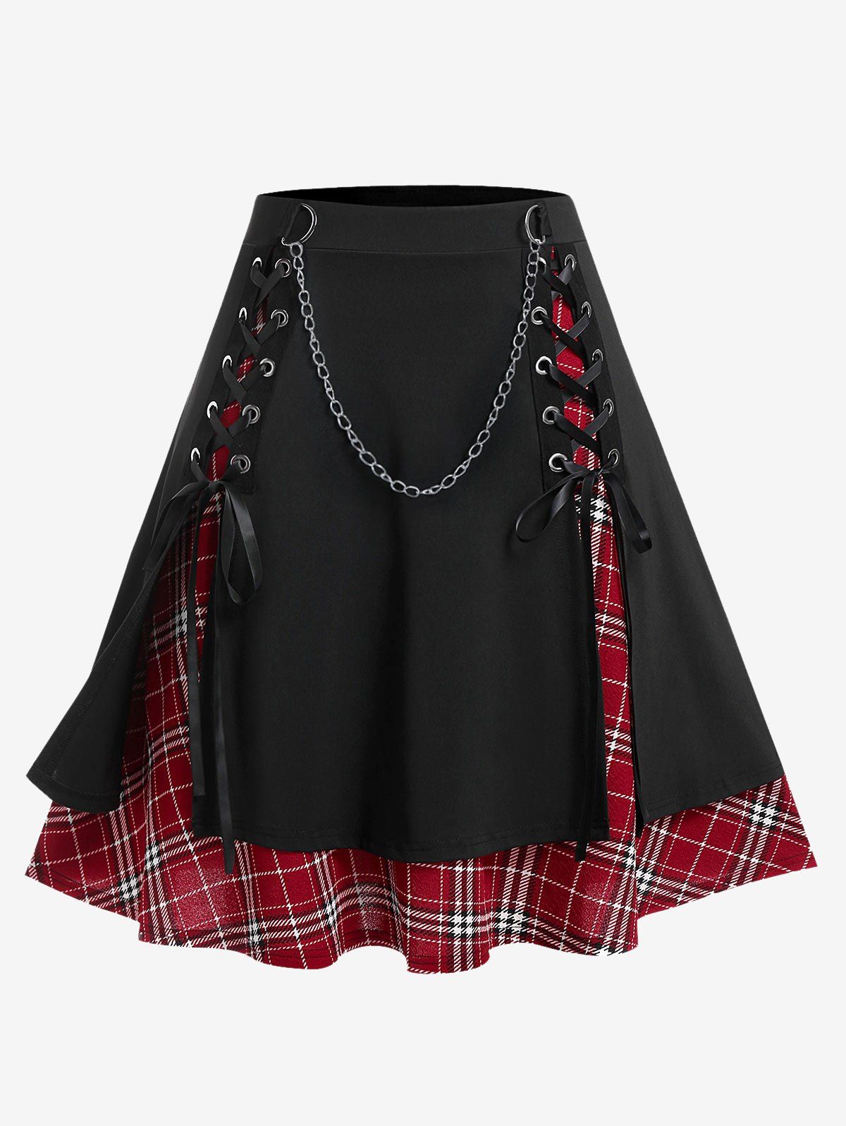 Online Plus Size Gothic Chains Lace Up Layered Plaid Skirt  