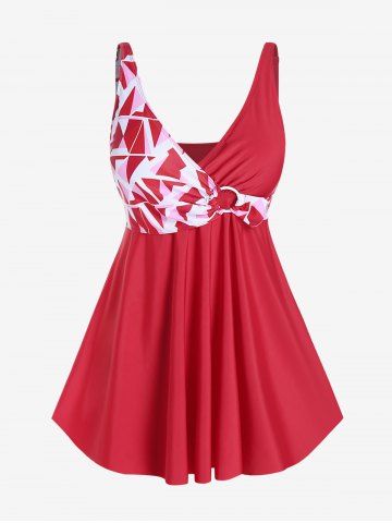 Plus Size Geometric O-ring Backless Padded Tankini Swimsuit - RED - 2X