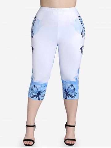 Plus Size High Waist Butterfly Print Skinny Capri Leggings