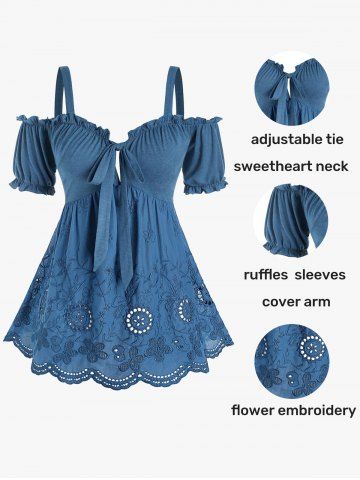 Plus Size Cold Shoulder Embroidery Scalloped Frilled Tee