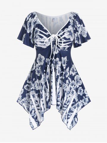 Plus Size Cinched Floral Print Handkerchief T-shirt - DEEP BLUE - M | US 10