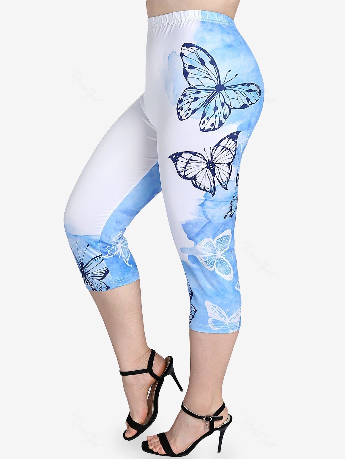 Legging Corsaire Moulant à Imprimé Papillon à Taille Haute de Grande Taille Bleu clair 