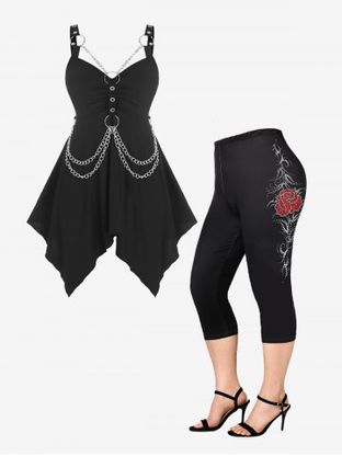 Gothic O Ring Chains Handkerchief Tank Top and Rose Leggings Plus Size Summer Outfit