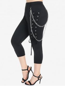 Plus Size High Waist Lace Up Chains Punk Capri Pants - BLACK - 3X | US 22-24
