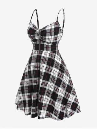 Plus Size Plaid Half Zipper Backless Vintage Sleeveless Dress