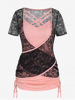 Gothic Crossover Sheer Lace Skull Tee and Cinched Tank Top Set - LIGHT PINK - 1X | US 14-16