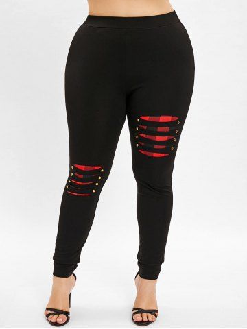 Plus Size Ripped Plaid Panel Leggings