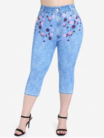 Plus Size 3D Jeans Floral Printed Capri Leggings
