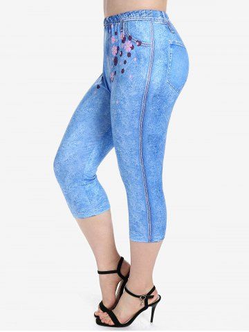Plus Size 3D Jeans Floral Printed Capri Leggings - BLUE - 1X | US 14-16