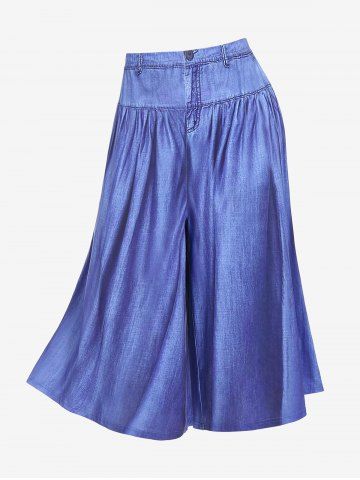 Plus Size High Waist 3D Denim Print Capri Wide Leg Culotte Pants - BLUE - L | US 12