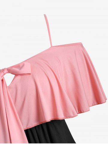 Plus Size Ruffled Cold Shoulder Bowknot Colorblock Tee