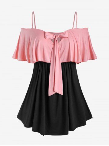Plus Size Ruffled Cold Shoulder Bowknot Colorblock Tee
