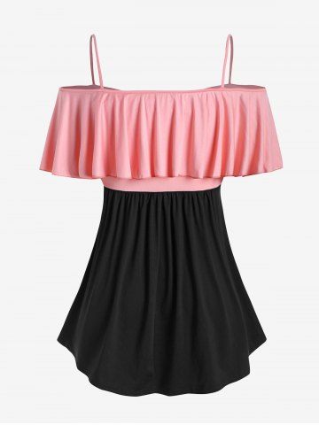 Plus Size Ruffled Cold Shoulder Bowknot Colorblock Tee