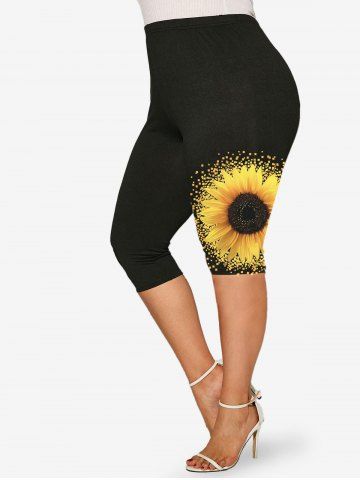 Plus Size High Waist Sunflower Print Capri Leggings - BLACK - L | US 12