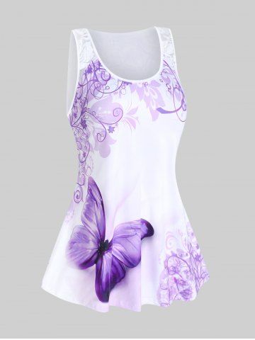 Plus Size Butterfly Print Lace Panel Tank Top