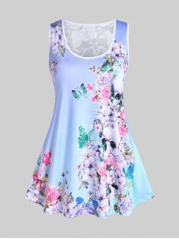 Plus Size Butterfly Floral Printed Tank Top with Lace - MULTI-A - 5X | US 30-32
