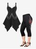 Gothic O Ring Chains Handkerchief Tank Top and Rose Leggings Plus Size Summer Outfit -  