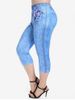 Plus Size 3D Jeans Floral Printed Capri Leggings -  