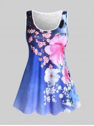 Plus Size 3D Flower Printed Tank Top with Lace Insert -  