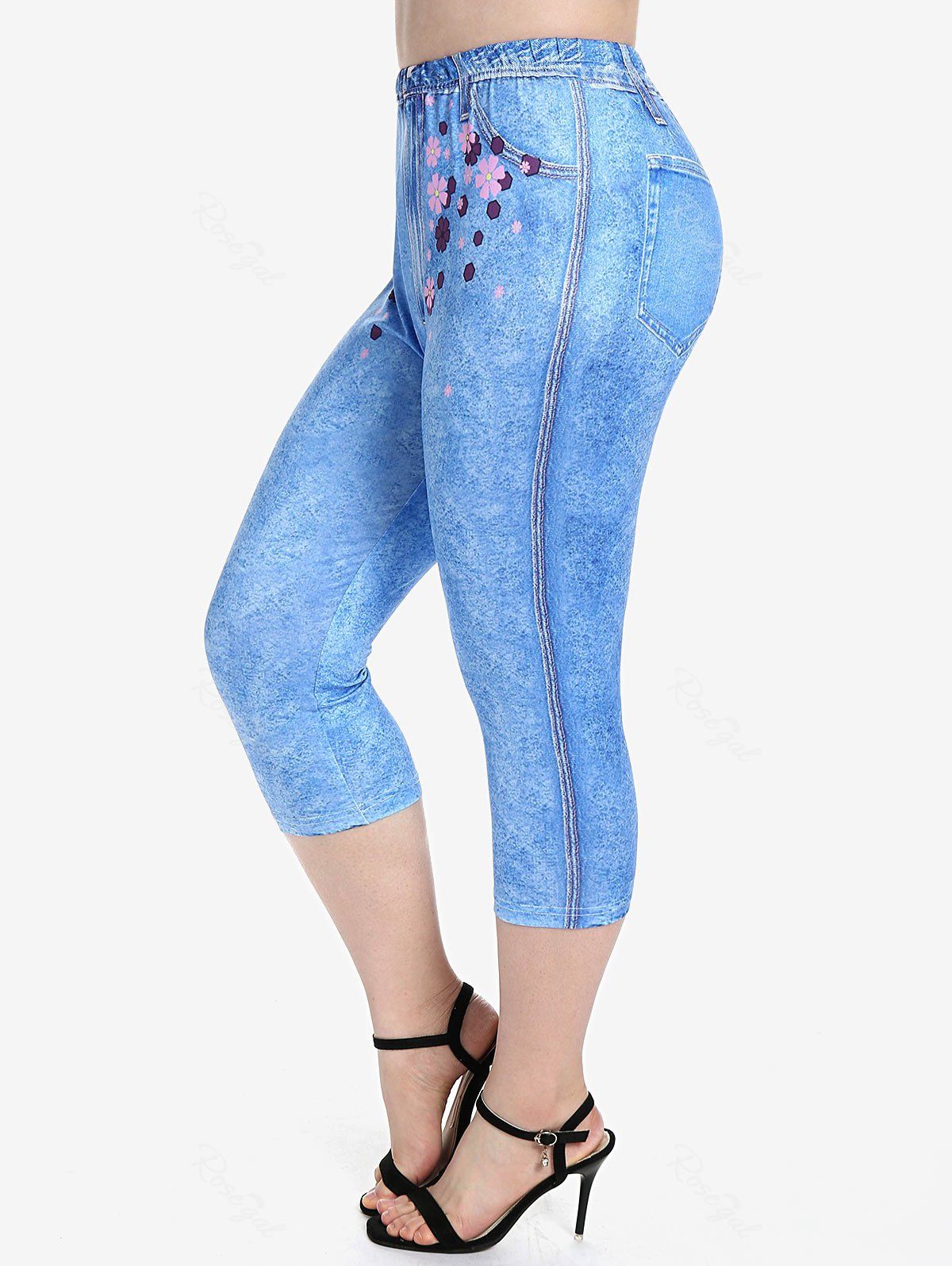 Chic Plus Size 3D Jeans Floral Printed Capri Leggings  