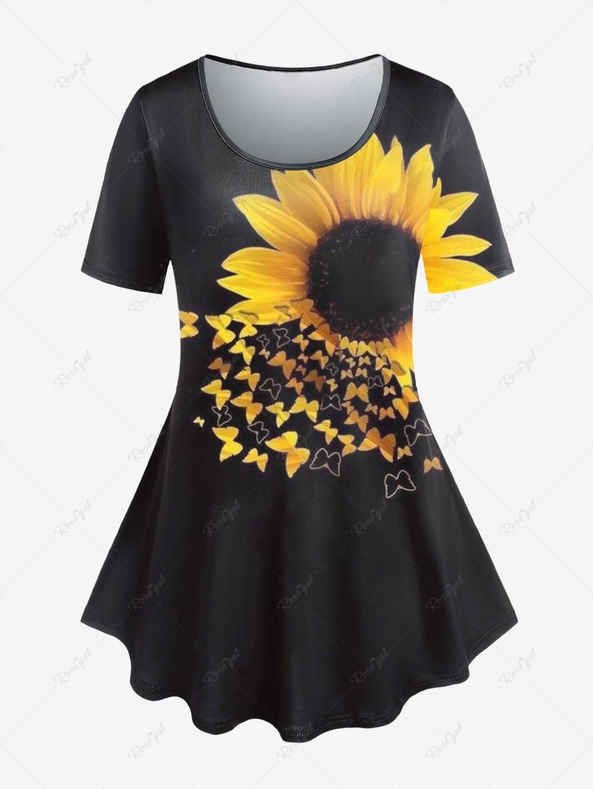 T-shirt à Imprimé Tournesol Papillon de Grande Taille Noir L | US 12