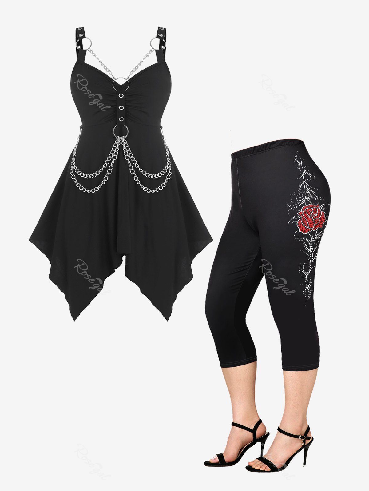 Store Gothic O Ring Chains Handkerchief Tank Top and Rose Leggings Plus Size Summer Outfit  