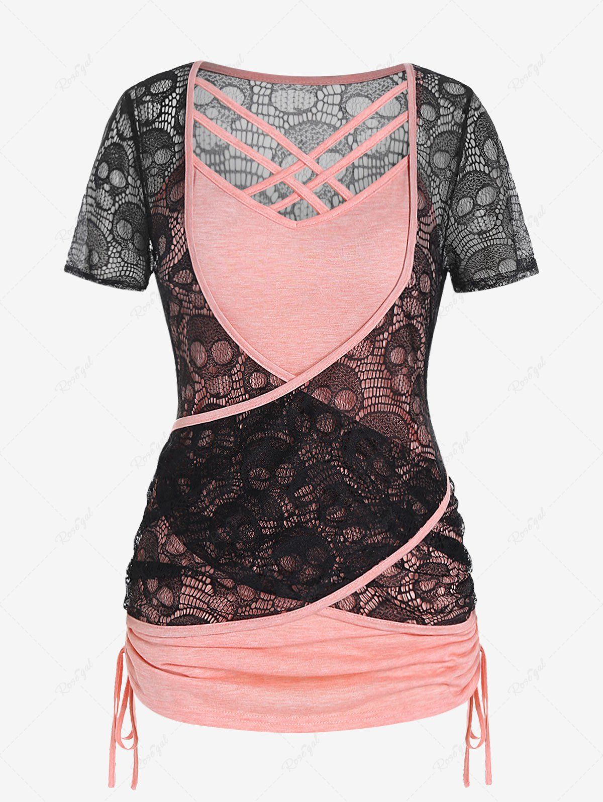 Latest Gothic Crossover Sheer Lace Skull Tee and Cinched Tank Top Set  