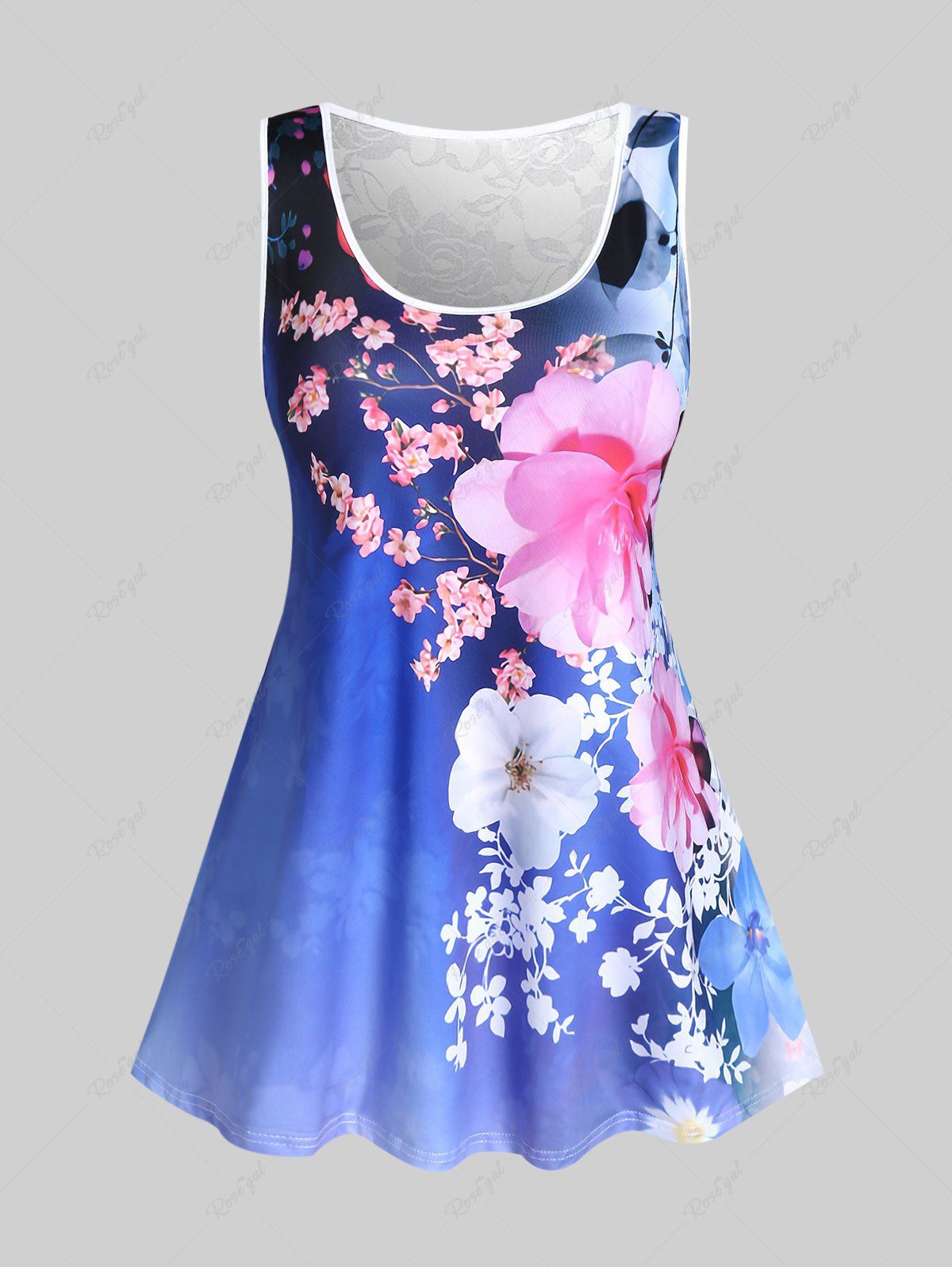 Discount Plus Size 3D Flower Printed Tank Top with Lace Insert  
