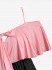 Plus Size Ruffled Cold Shoulder Bowknot Colorblock Tee -  