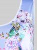 Plus Size Butterfly Floral Printed Tank Top with Lace -  