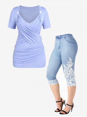 Ruched Crossover T-shirt and 3D Denim Lace Print Jeggings Plus Size Summer Outfit