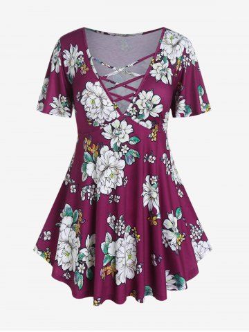 Plus Size Plunge Floral Print Crisscross Tee - DEEP RED - 4X | US 26-28