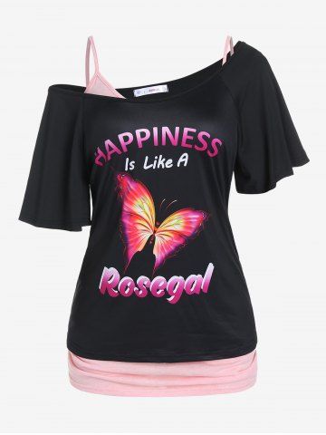Plus Size Skew Neck Graphic Tee and Cami Top Set - BLACK - M | US 10