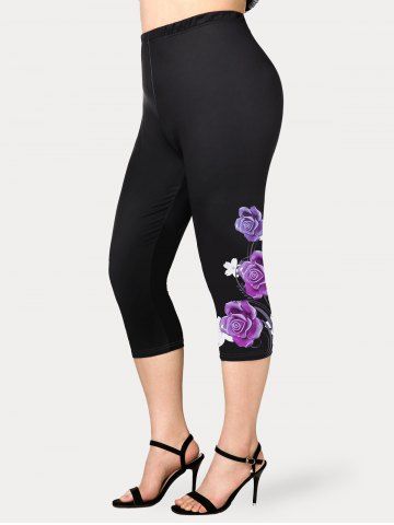 Plus Size Rose Printed Capri Leggings - BLACK - M | US 10