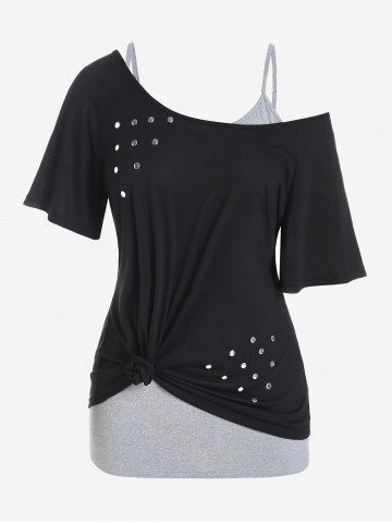 Plus Size Rivets Skew Neck Tee and Cami Top Contrast Two Piece Set - BLACK - 3X | US 22-24