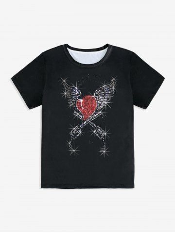 3D Glitter Sparkles Wings Heart Printed Unisex T Shirt - BLACK - 3XL