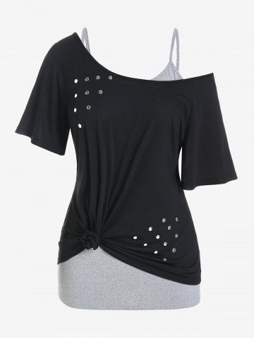 Plus Size Rivets Skew Neck Tee and Cami Top Contrast Two Piece Set - BLACK - L | US 12