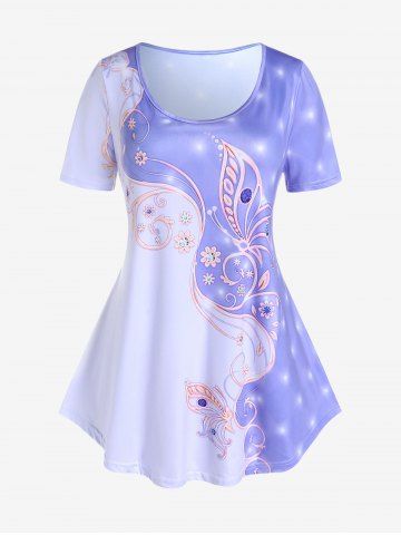 Plus Size Colorblock Flower Printed Short Sleeves T Shirt - PURPLE - 1X | US 14-16