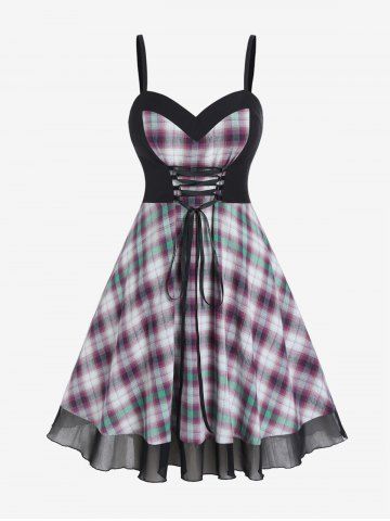 Plus Size Lace Up Panel Backless Plaid Vintage Sleeveless Dress with Mesh - MULTI - 1X | US 14-16