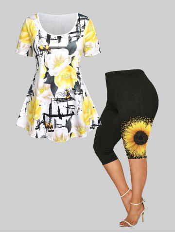 Plaid Floral Print Tee and Sunflower Capri Leggings Plus Size Summer Outfit - YELLOW