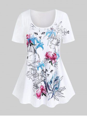 Plus Size Flower Cat Printed Short Sleeves Tee