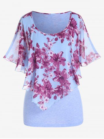 Plus Size Ruffle Overlay Floral Print Tee - PURPLE - L | US 12