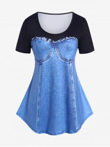 Plus Size 3D Denim Printed Two Tone Tee - Blue - L | Us 12
