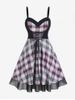 Plus Size Lace Up Panel Backless Plaid Vintage Sleeveless Dress with Mesh -  